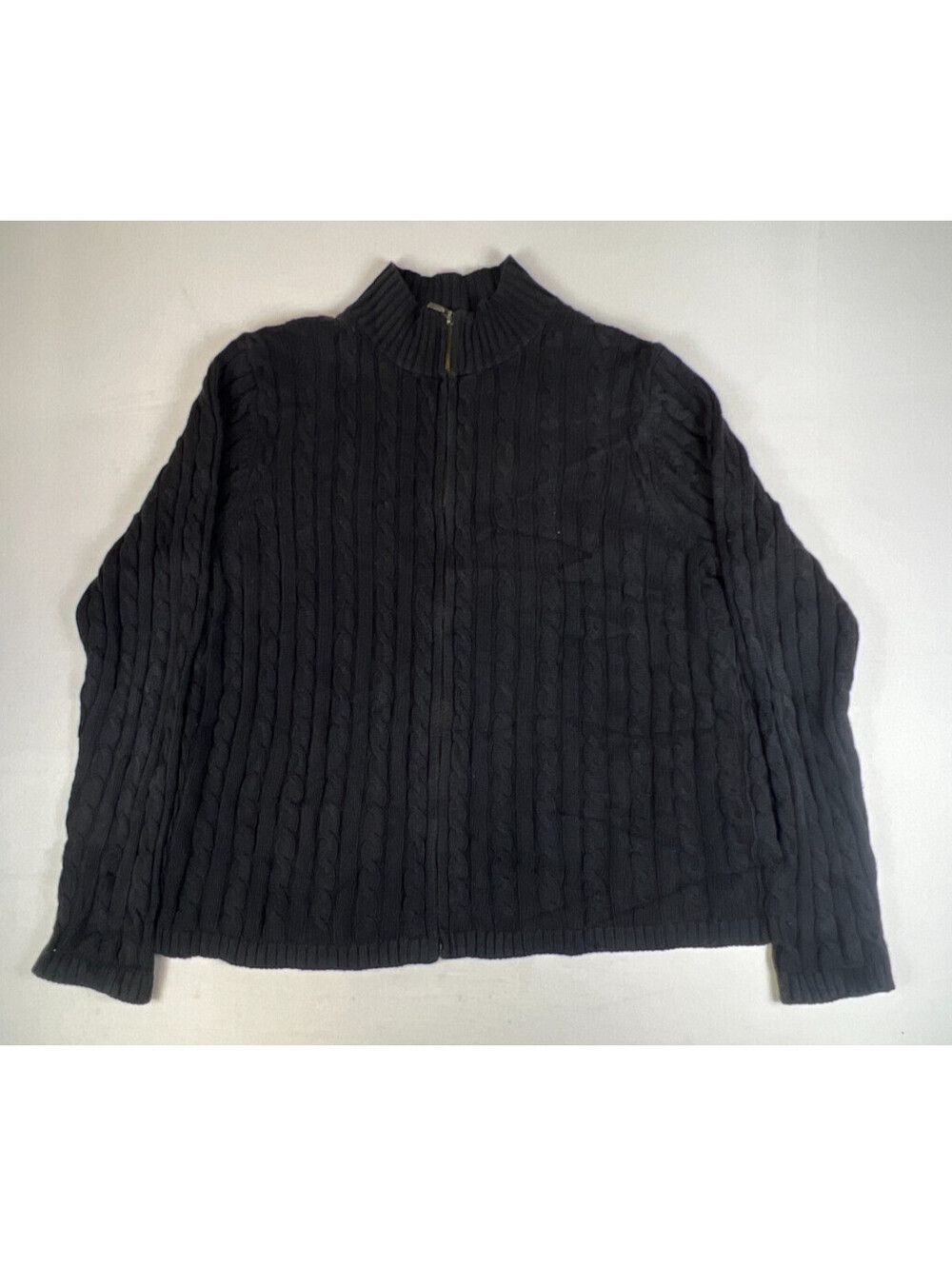 L.L. Bean Men XL Black Cotton Cable Knit Full Zip Sweater